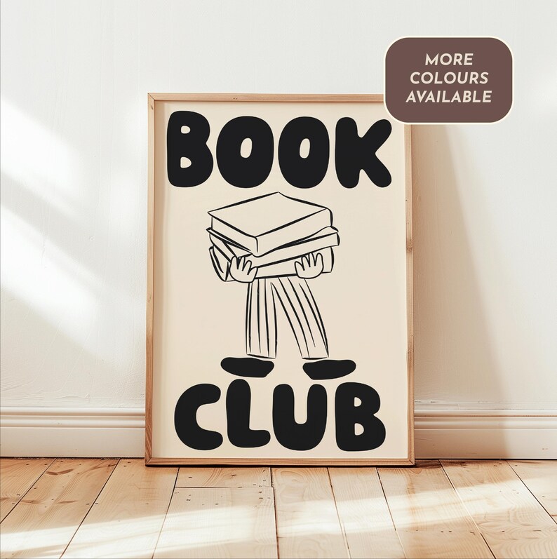 May include: Black and white illustration of a person carrying a stack of books with the text "BOOK CLUB" in bold black letters.