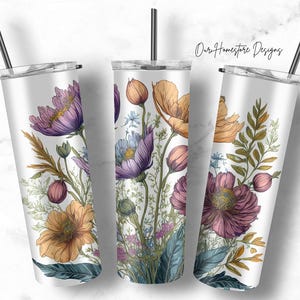 Field flowers Wildflower Boho Minimalistic Floral 20oz Sublimation Tumbler Design, 9.2 x 8.3” Straight Skinny Tumbler Wrap PNG Download