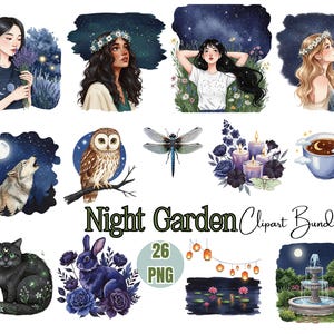 Watercolor Night Garden Clipart: Midnight Floral PNG Stickers (Digital Download)