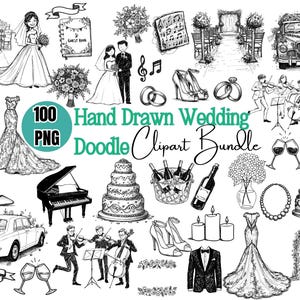 Clipart de boda dibujado a mano: 100 ilustraciones PNG para invitaciones y menús (Descarga digital)