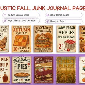 Rustic Fall Junk Journal, Vintage Autumn Ephemera, Printable Autumn Journal Distressed Ephemera, Cozy Farmhouse Signs Instant Download