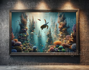 Turtle Painting, Coral Reef Tow and Sea Turtles, Digital Art, High Resolution Instant Download