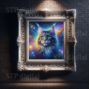 Retrato de gato Maine Coon, descarga digital, pintura de galaxia astrológica Cyberpunk al óleo, diseño original, PNG HD imprimible,