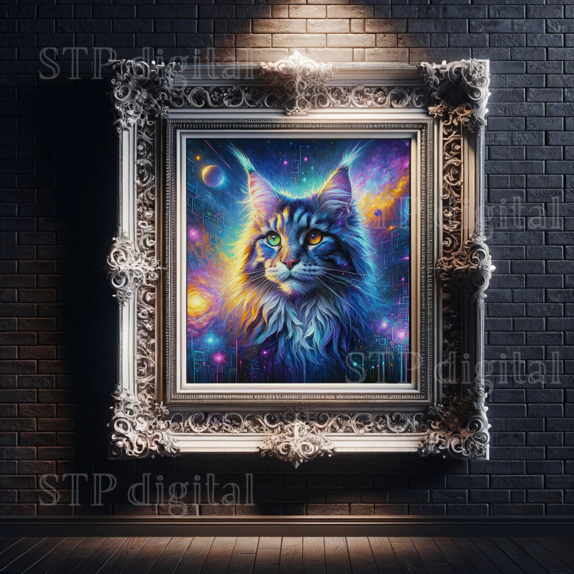 Maine Coon Cat Portrait, Digital Download, Oil Cyberpunk