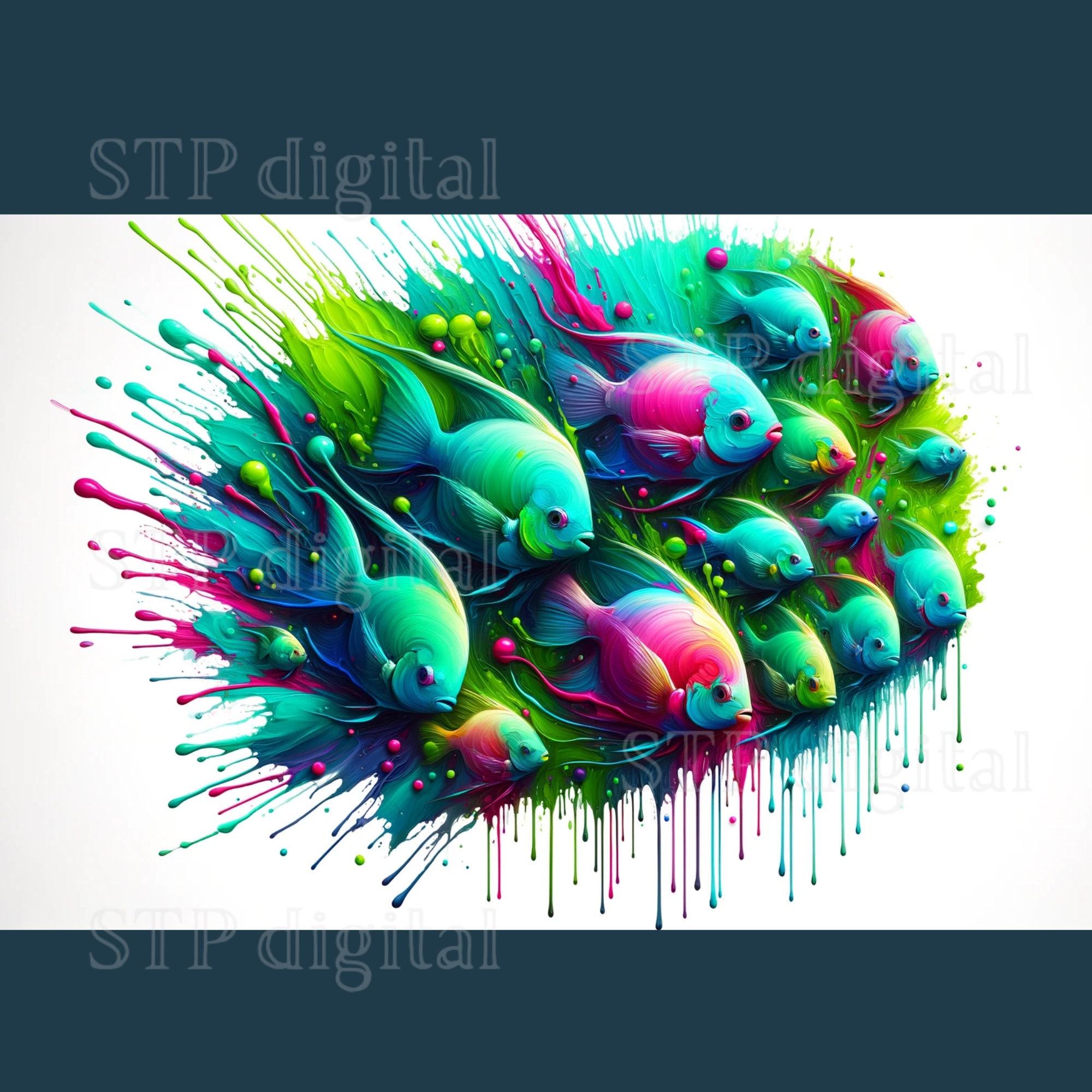 Angel Fish School Painting, Vibrant Paint Splatter and Drip Abstract ...