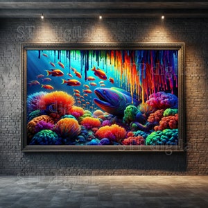 Neon Eel Digital Art Download, Abstract Moray Eel and Coral Reef Seascape, High Resolution Png, 4500x2600 Pixels, Custom Sizing Available
