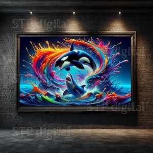 May include: A framed painting of a black and white orca and a grey shark jumping through a colorful swirl of paint in the water.