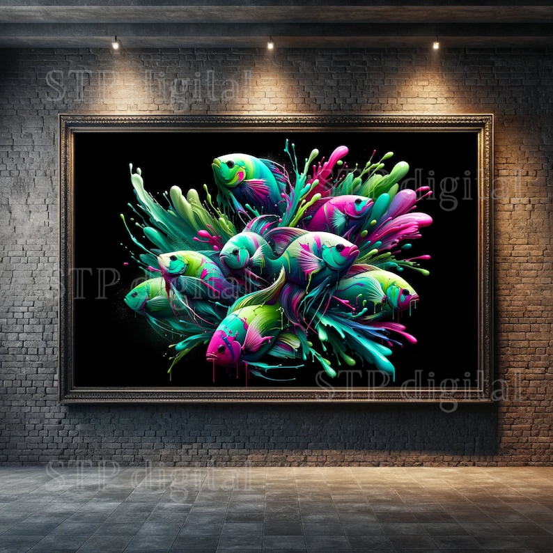 Fish School Jumping, Colorful Abstract Painting, Digital Art, High