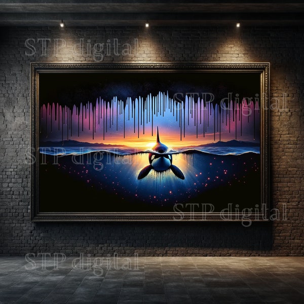 Stellar Orca Painting, High Resolution Instant Download, Killer Whale Sunset Stars and Drip Art, 6000x3500 Pixels