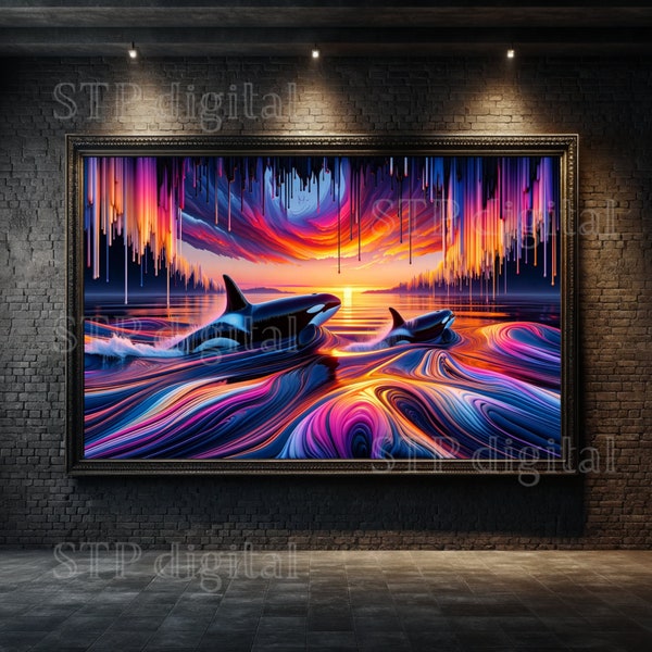 Mother and Baby Killer Whale Painting, Abstract Realism Art, Killer Whale Fantasy Drip Design, High Resolution Instant Download, 5000x3000px