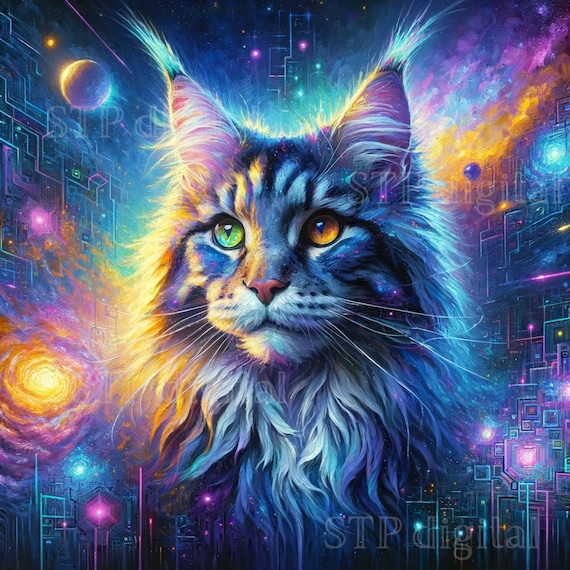 Maine Coon Cat Portrait, Digital Download, Oil Cyberpunk