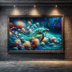 May include: A painting of a sea turtle swimming through a vibrant coral reef. The turtle is green and has a brown shell. The coral is a variety of colors, including pink, orange, and blue. The background is a dark blue, representing the ocean.