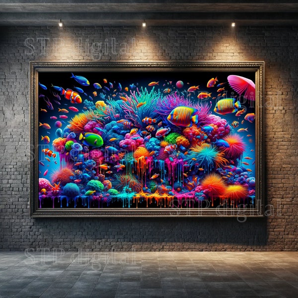 Vibrant Coral Reef Download, Abstract Neon Tropical Fish Painting, High Resolution Png, Custom Sizing Available