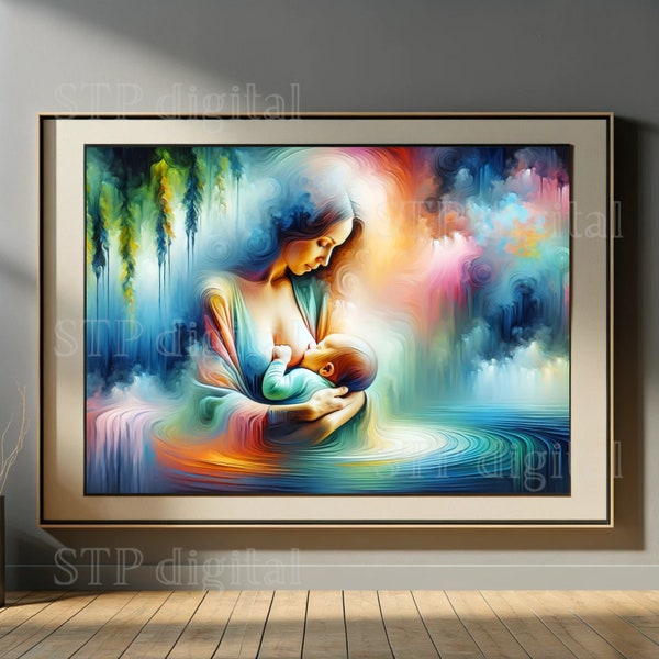 Vibrant Painting of a Mother Breastfeeding Her Baby, Abstract Realism Digital Art, Willow Tree and Pond With Running Paint, Instant Download