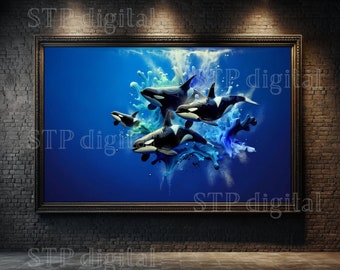 Killer Whale Pod, Digital Download, Abstract Painting, High Resolution Instant Png Download, 6000x4000px