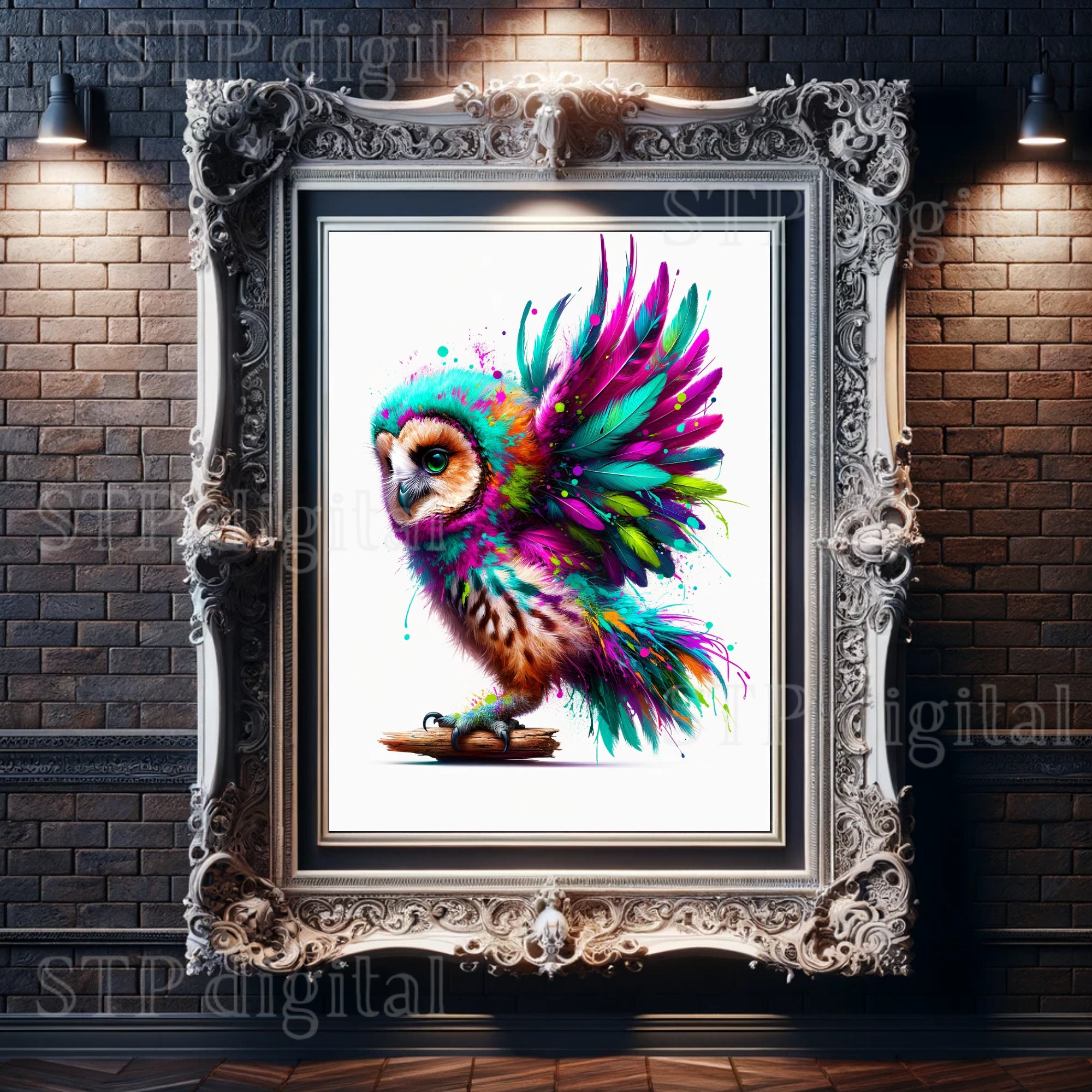 Bohemian Owl Painting, Abstract Realism, Vibrant Boho Paint Splatter Design, Digital Art, High Resol