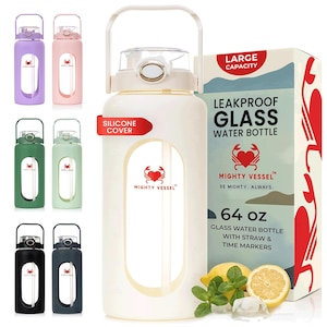 64 oz Glass Water Bottle with Straw: Half Gallon Hydration with Silicone Sleeve