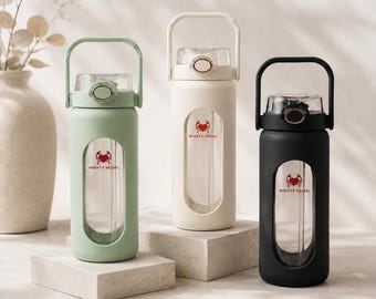 32 oz Glass Water Bottle with Straw, Leakproof Time Markers, Silicone Sleeve