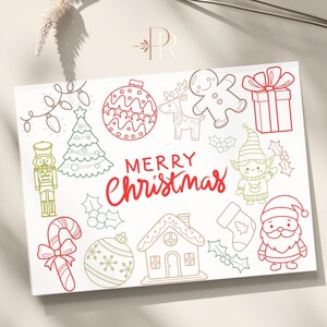May include: A white card with a red "Merry Christmas" greeting and various Christmas-themed illustrations in green and brown, including a Christmas tree, a gingerbread man, a candy cane, a nutcracker, a stocking, a house, and a reindeer.