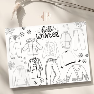 May include: Black and white line art illustration of winter clothing items, including a sweater, jacket, pants, and a hat. The text "hello winter" is written in cursive at the top of the image.