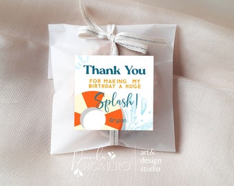 May include: A thank you tag with a blue and white splash design and a life preserver graphic. The text reads "Thank You for making my birthday a huge Splash!" with the name "Bryson" below.