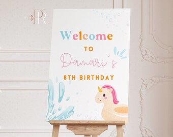 Placa de boas-vindas para festa na piscina de unicórnio: aniversário de menina, modelo editável (PDF, JPG, PNG)