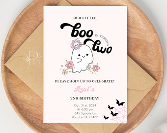 Little Boo 2nd Birthday Invitation, Girl Halloween Ghost Party (Editable PDF)