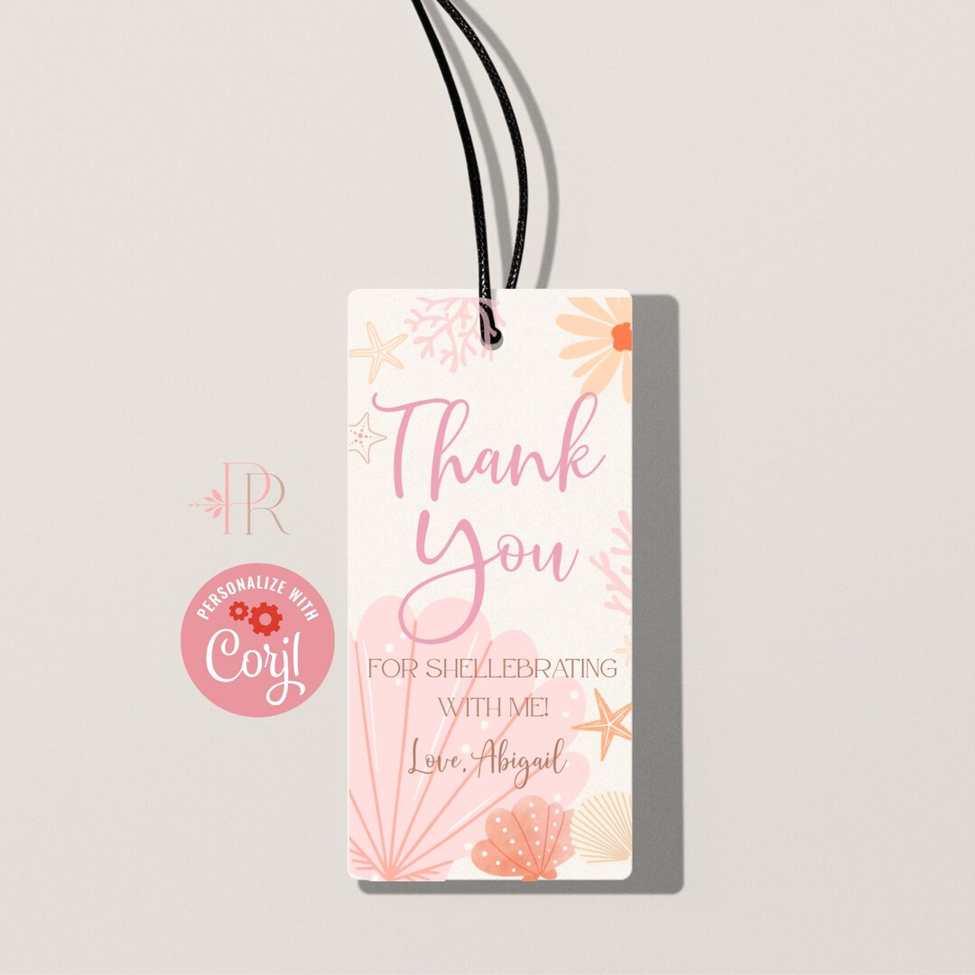 Let's Shellebrate Birthday Favor Thank You Tag, EDITABLE in CORJL 2 X 3 ...
