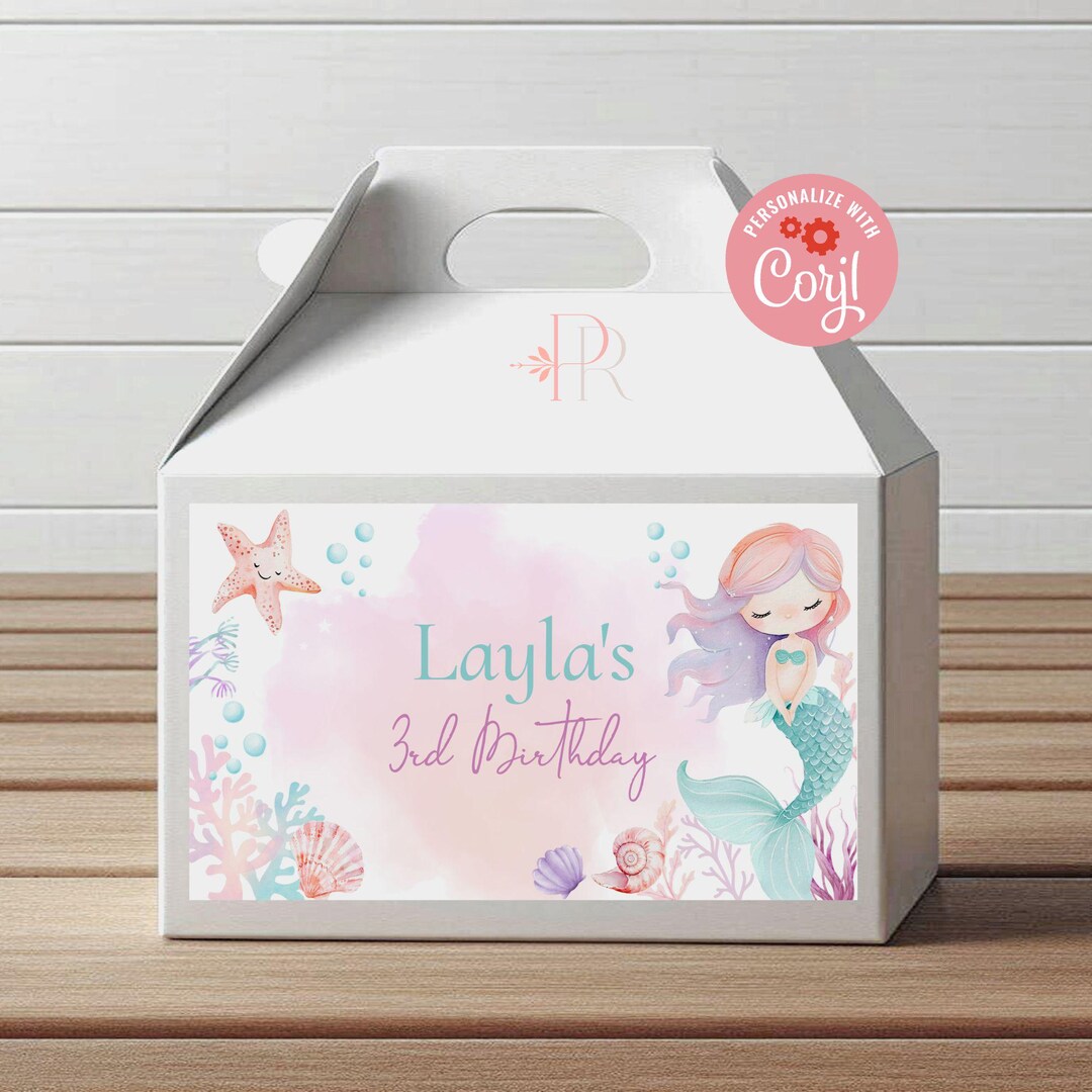 Mermaid Birthday Gable Box Label: Editable Watercolor Design (PDF) - Etsy