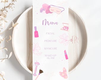 Op de afbeelding: Een verticale witte menukaart met roze en paarse illustraties van een slaapmasker, nagellak, make-up palet, lippenstift, gezichtsroller en gua sha tool. De tekst bevat Menu, Facial, Pedicure, Manicure en Make-up Glam in het paars.