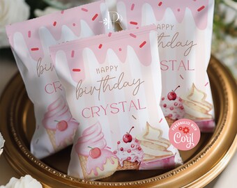 Emballage de sac de chips d'anniversaire de crème glacée : cadeau modifiable (téléchargement numérique)