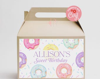Donuts Two Sweet Birthday Box Label: Editable Corjl Template (PDF, JPG, PNG)