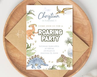 May include: A watercolor dinosaur-themed invitation for a child's birthday party. The invitation features illustrations of various dinosaurs, ferns, and the text "Roaring Party". The invitation is on a white background with a brown envelope.