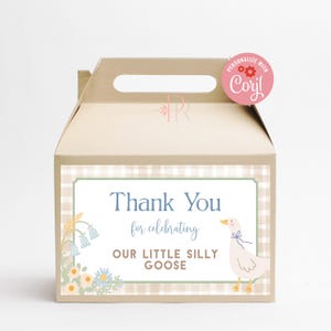 Etiqueta para caja de dulces de One Silly Goose. Editable en Corjl y guardada como PNG, JPG o PDF. Tamaño de etiqueta: 3,5 x 6 pulgadas.