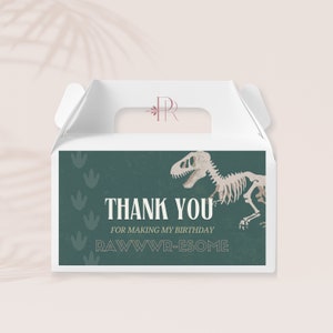 Dinosaur Candy Gable Box Label for boy birthday. Editable In Corjl and save as PDF, JPG or PNG for printing. Label size 3.5 x 6 in