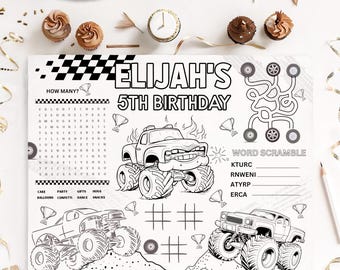 Monster Truck Activity Placemat, Editable CORJL Template 8.5 x 11 PDF and JPG