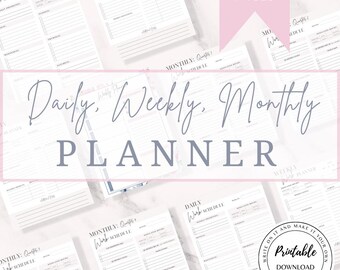 May include: A printable planner with 8 pages, featuring daily, weekly, and monthly layouts. The planner is designed for work schedules and includes a section for writing notes. The text "Daily. Weekly. Monthly PLANNER" is displayed in a large font on the front page.