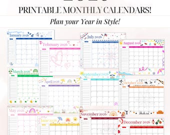 2026 Monthly Calendar with Holidays | 12-Month Printable Calendar | Cute Kids Calendar PDF, Digital Download