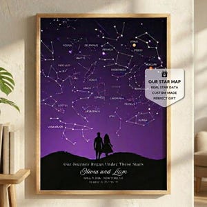 Puede incluir: Un estampado enmarcado que presenta un cielo nocturno púrpura con constelaciones y estrellas. El estampado incluye el texto "Our Journey Regan Under These Stars" y los nombres "Olivia and Liam". Una pequeña etiqueta de regalo dice "Our Star Map, Real Star Data, Custom Made, Perfect Gift."