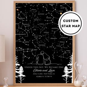 May include: A framed black and white custom star map print. The print features constellations, the text "CUSTOM STAR MAP", and the text "UNDER THIS SKY, WE BECAME ONE" with a couple silhouette. Includes names, date, and location.