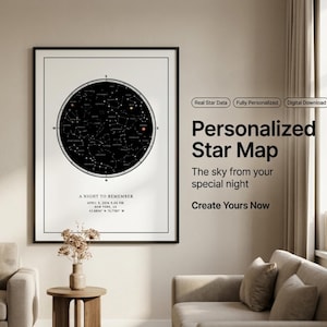 May include: A framed personalized star map print. The black and white circular star chart is set against a white background, with the text "A Night to Remember" and other details. The text "Personalized Star Map" is also displayed.