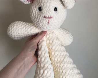 Crocheted bunny lovey. Soft and durable. Perfect for kids. Great gift for baby shower.