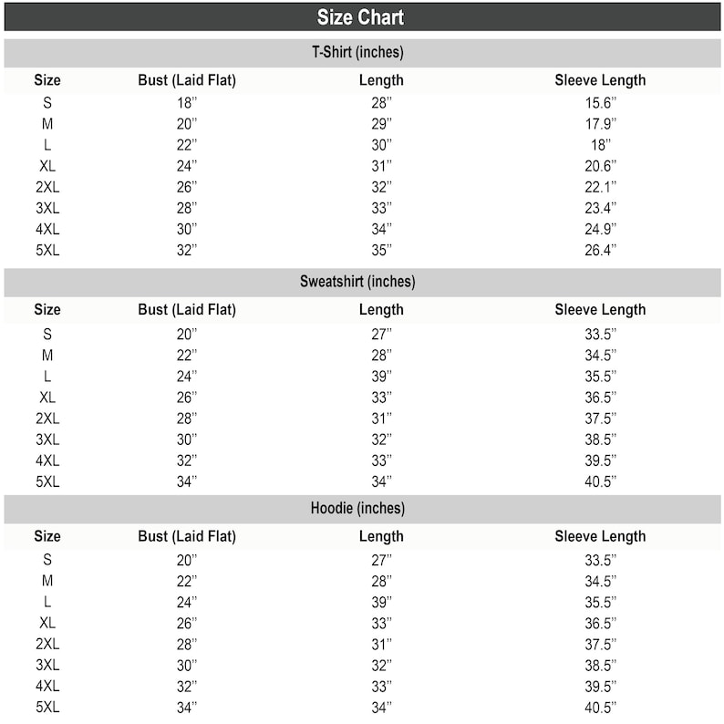 Pu&ograve; includere: Una tabella delle taglie per t-shirt, felpe e felpe con cappuccio, con misure in pollici. La tabella include busto, lunghezza e lunghezza manica per taglie dalla S alla 5XL. Il testo "Size Chart" &egrave; in alto.