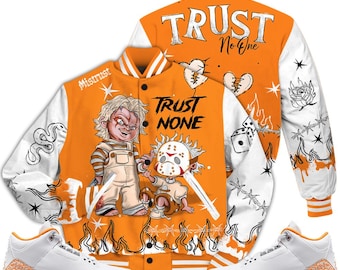 White Orange Peel 3s Varsity Jacket, 3 Orange Citrus Outfit Scary Trust No One Shirt To Match Sneaker Streetwear