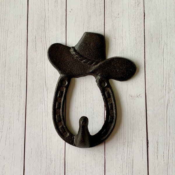 Cast Iron Cowboy Cowgirl Western Horseshoe Cowboy Hat Hook Hanger / Craft Supply for Shelf or Wall Hanging Coat Clothes Keys Jewelry Hook