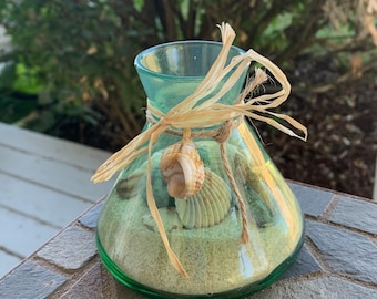Glass Jar with Sand & Seashells and Jute Ribbon . Small Reflective Green Jar for Home Decor Wedding Handmade Kit Beach Ocean Seashore Sea