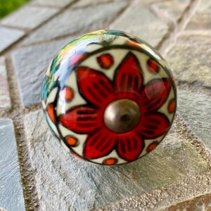 Boho Floral Ceramic Round Cabinet Door Knob . Drawer Furniture Pull Handle .  1pc