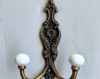 Vintage Antique Style Coat Clothes Hook . Craft Supply Antique Bronze Cast Iron with White Ceramic Knobs for Wall Shelf