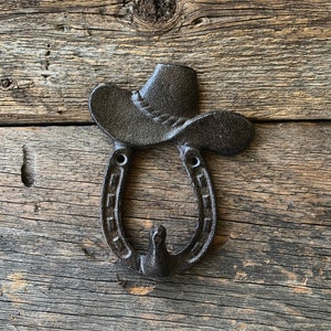 Cast Iron Cowboy Cowgirl Western Horseshoe Cowboy Hat Hook Hanger / Craft Supply for Shelf or Wall Hanging Coat Clothes Keys Jewelry Hook