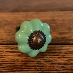 May include: A light green ceramic cabinet knob with a flower-like design. The center of the knob is a dark bronze color, and the knob is set against a wooden background.